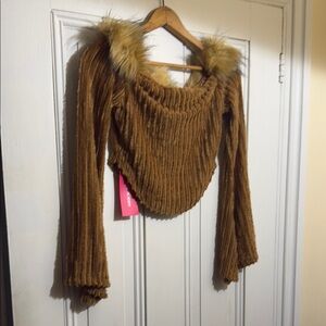 Brown Faux Fur Trimmed Sweater